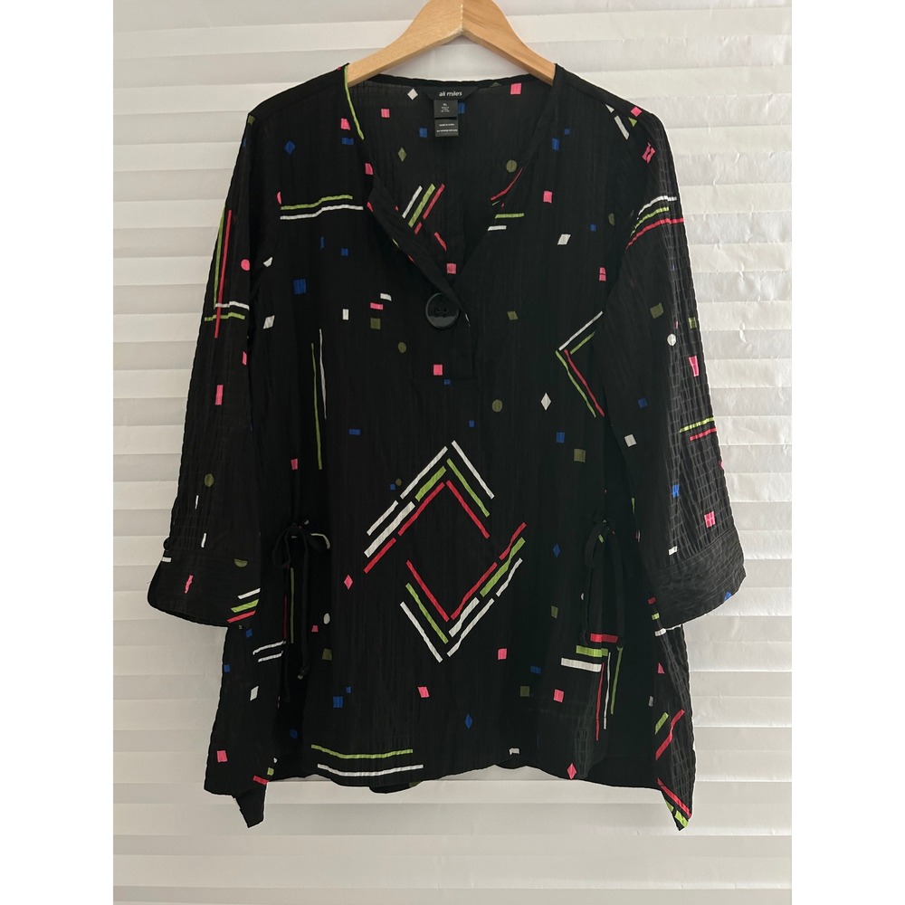 Ali Miles Womens XL Black Geometric Abstract Artsy Textured Tunic Top 3/4 Sleeve